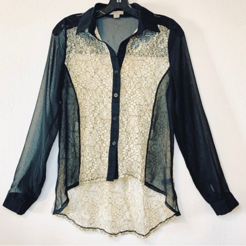 Issa Sheer Lace High Low Button Up Collar Blouse